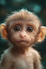 Obraz premium A curious young monkey gazes into the camera, showcasing its wide-eyed expression and playful nature in a lush natural setting.