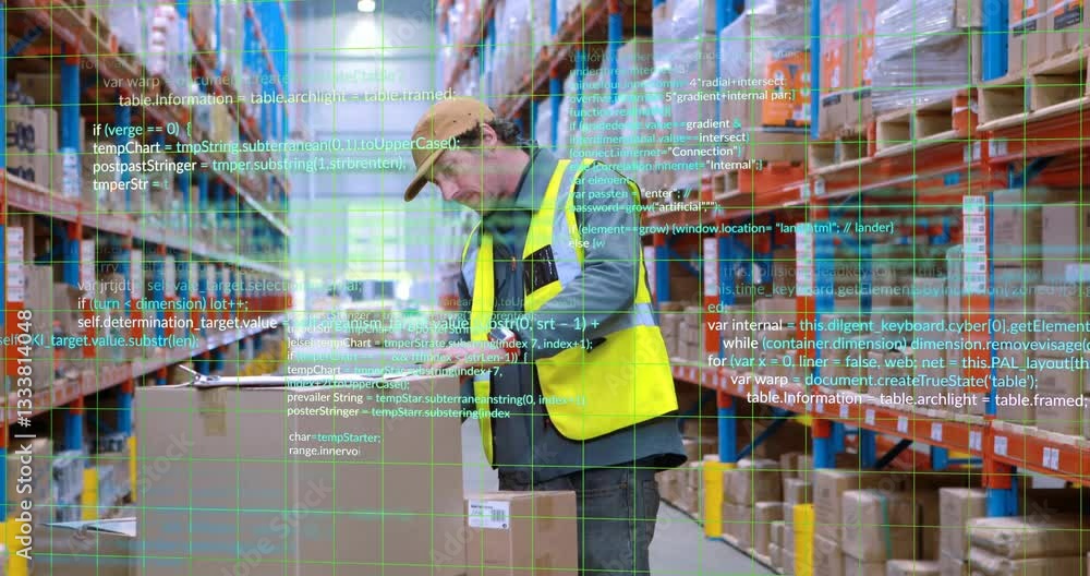 Poster handling packages, warehouse worker focusing on digital code overlay animation