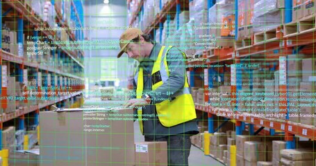 Handling packages, warehouse worker focusing on digital code overlay animation - Powered by Adobe