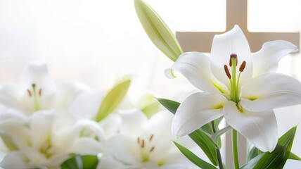 Clean, subtle design featuring a cross and white lilies on a light background, perfect for Easter Mass invitations, church bulletins, or spiritual spring-themed announcements.
