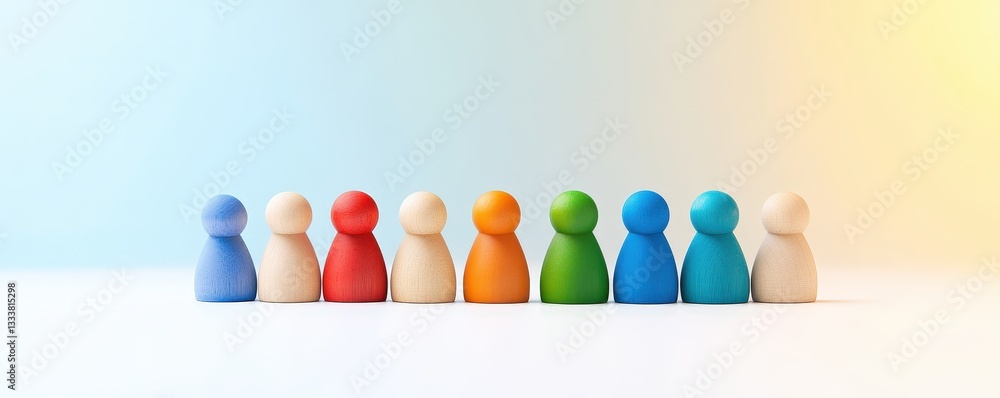 Poster a row of colorful figurines stands on a light background, representing diversity and unity in a mini