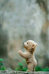 Fototapeta premium A cute teddy bear stands gracefully against a blurred backdrop, capturing the essence of joy and childhood innocence.