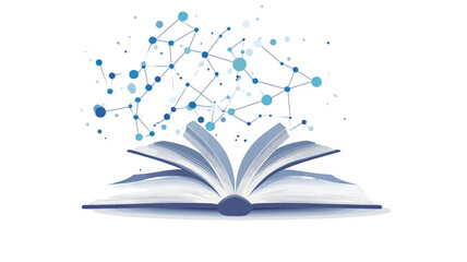 A digitally enhanced image of an open book with a network of interconnected nodes and lines emanating from its pages. The nodes are light blue circles, and the lines are thin, light blue, creating