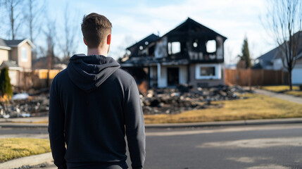 A devastated homeowner standing in front of a burnt suburban house, gazing at the collapsed roof and charred remains, symbolizing the necessity of home insurance.