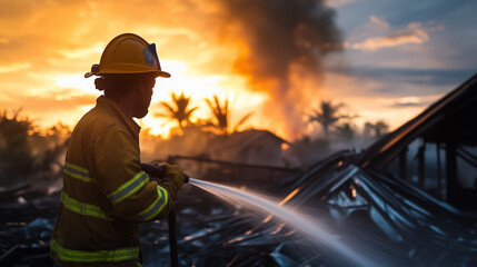 A firefighter spraying water on a house with a burnt-out roof, smoke billowing from the wreckage, reinforcing the urgency of fire insurance.