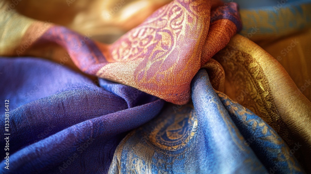 Poster colorful silk fabric with intricate patterns and soft textures