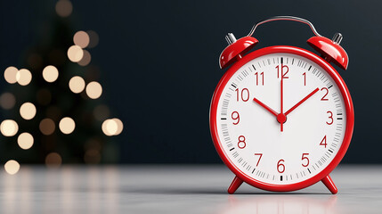 Red alarm clock on table with vintage style on red background
