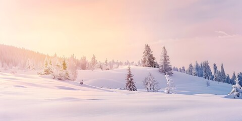 Winter wonderland of snow-covered hills and trees in a peaceful outdoor setting.
