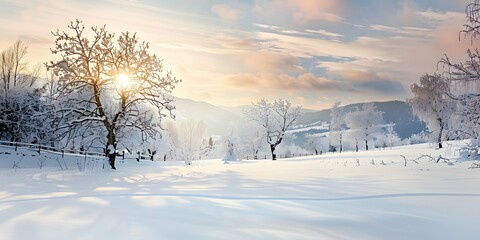 Snow-covered hills and trees creating a serene winter landscape in nature.
