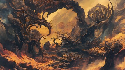 Strange terrain with exotic plants and unusual geological features in an otherworldly environment.