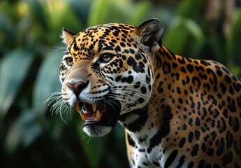 Majestic jaguar in a lush green jungle habitat, showcasing its powerful presence and striking coat of vivid patterns and sharp features