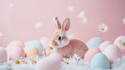 Obraz premium A curious bunny sniffing a daisy, surrounded by soft pastel Easter eggs, isolated on a clean backdrop