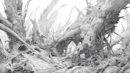 A distant alien world displaying unusual plant life and strange geological shapes under an eerie sky.