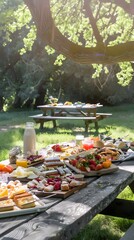 A cheerful outdoor picnic setup on a large wooden table with food and drinks in a natural setting.
