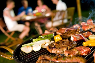 Outdoor barbecue area in a welcoming backyard with a grill and relaxing ambiance for a meal.
