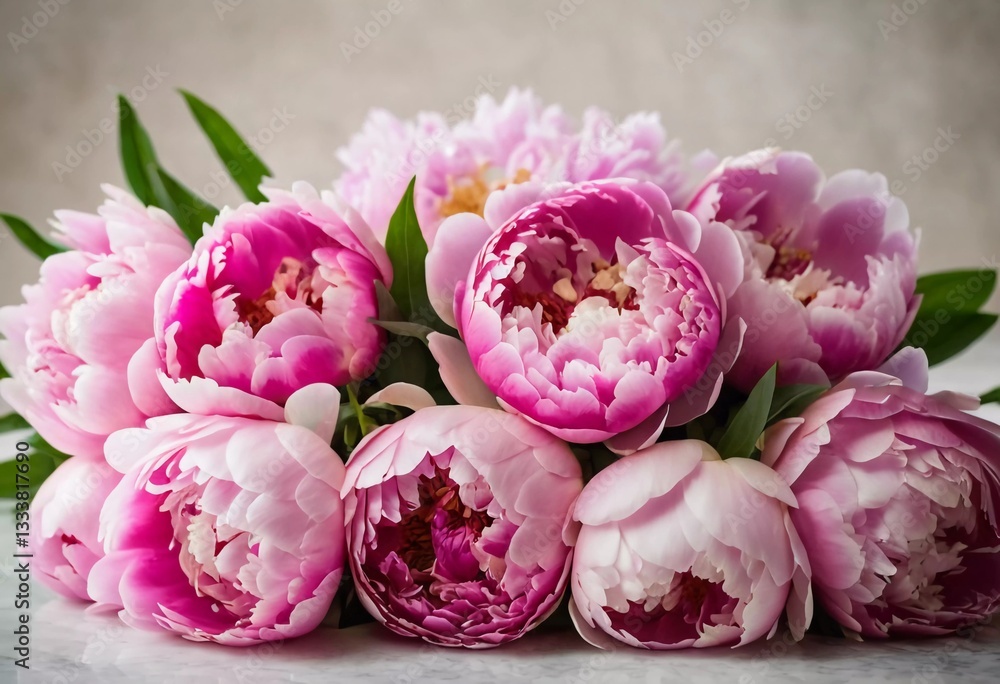 Poster a beautiful cluster of pink peonies rests elegantly on a smooth surface, their petals unfurling in f