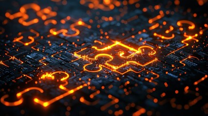 Illuminated puzzle pieces represent a complex digital technology system