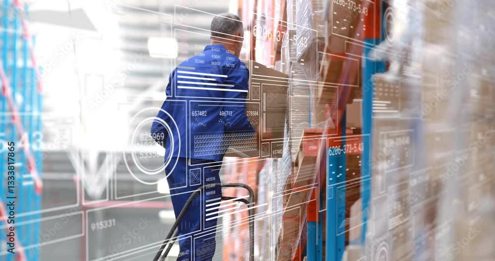 Poster warehouse worker moving boxes with animation overlay on transparent screen