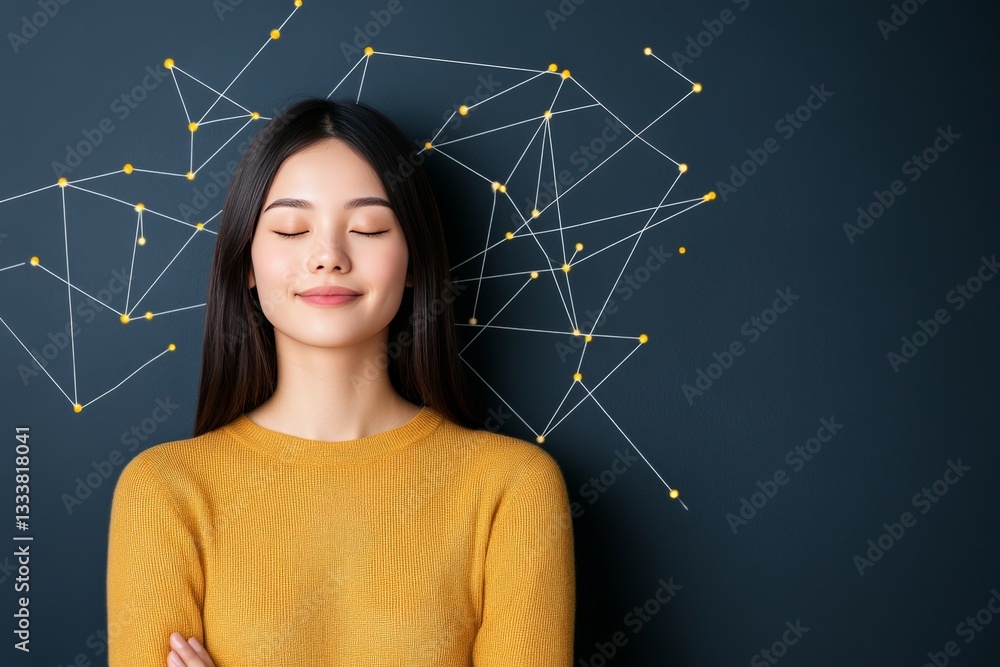 Poster woman in yellow sweater with glowing brain network simulation on head visualizing cognitive function