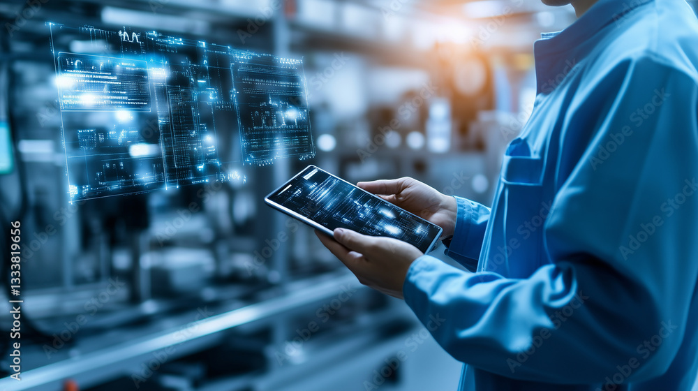 Aufkleber a technician holding a diagnostic tablet while monitoring battery modules under a quality control st