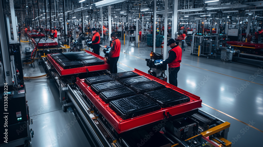 Poster an overhead view of a high-speed battery production line, with skilled workers inspecting each unit 