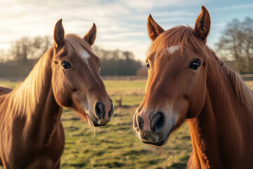 Obraz premium Two beautiful horses gaze peacefully in a green pasture as the sun sets behind them, creating a serene and tranquil atmosphere.