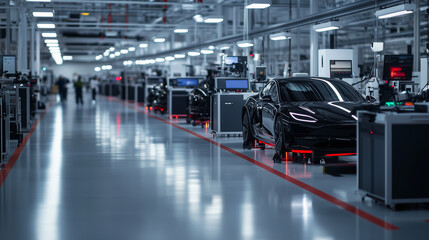 Obraz premium A clean and futuristic battery production facility with rows of quality control workstations, where technicians are performing rigorous safety and performance inspections.