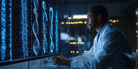 A scientist analyzes DNA sequences on a large screen, illuminated by blue graphics in a modern laboratory setting.