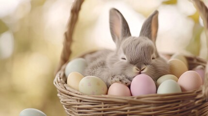 A sleepy bunny cuddled up inside a small wicker basket filled with pastel Easter eggs, isolated