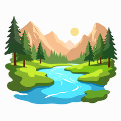 Fototapeta premium Scenic river flowing through green landscape with mountains, nature beauty