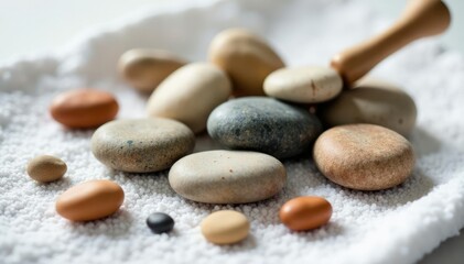 Smooth stones scattered on white towel with a single stick,, smooth stones, earthy tone