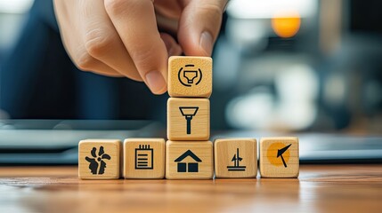 Naklejka premium Sustainable Development Goals visual representation using wooden blocks with icons