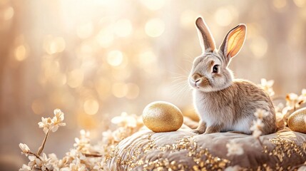 Obraz premium An elegant rabbit sitting on a velvet Easter pillow, surrounded by golden floral decorations, softly lit background