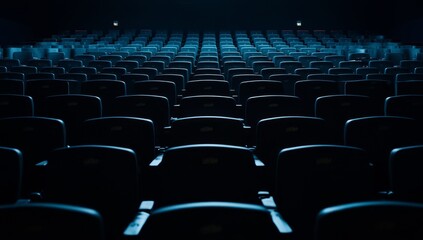Fototapeta premium Empty movie theater auditorium. Rows of dark blue seats stretch into the distance. Dim lighting creates a sense of anticipation