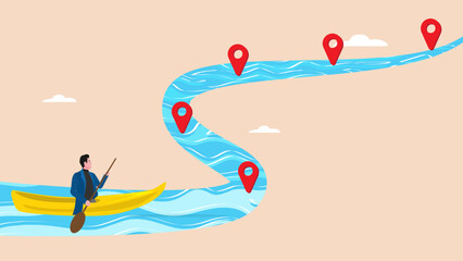 career path to success, the way to achieve goal, milestone or career path achievement, route or pathway to achieve goals, businessman riding a kayak towards achievement milestone to success
