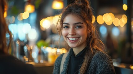 Smiling young woman in cozy cafe with warm lighting, enjoying her time. atmosphere is inviting and cheerful, perfect for relaxation and socializing