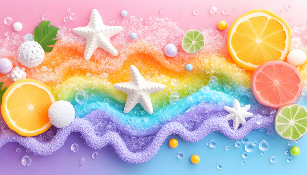 Colorful fruit, rainbow, seashells, 3D, pastel, background, food, design, virtual