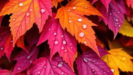 Autumns Embrace Vibrant Leaves Glistening With Morning Dew, Showcasing A Breathtaking Spectrum Of Crimson, Orange, And Magenta Hues