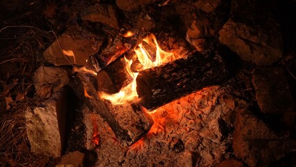 Campfire Burning at Night, close-up