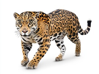 Obraz premium Majestic jaguar walking gracefully with striking fur markings showcasing a stunning blend of orange and black hues against a pristine white background
