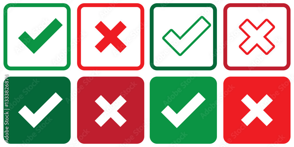 Poster tick and cross signs. false and true, right and wrong. correct and incorrect, accept and reject. gre