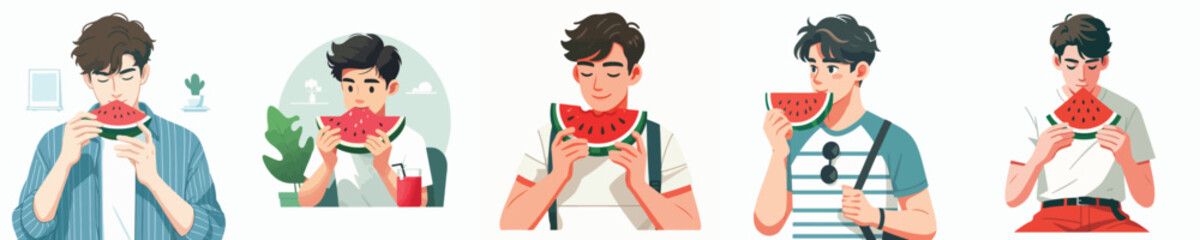vector of a young man eating watermelon
