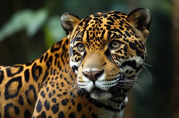 Obraz premium Majestic Jaguar with Distinctive Spots Captured in Lush Greenery, Showcasing Powerful Presence and Wild Beauty in Natural Habitat