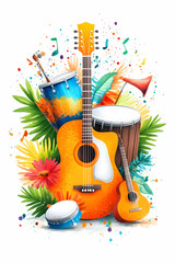 Colorful musical instruments, tropical foliage, festive background. Possible use Stock photo for music, celebration, summer, or party themes