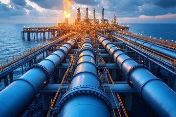 Industrial Pipelines Leading to Offshore Oil and Gas Platform at Sunset