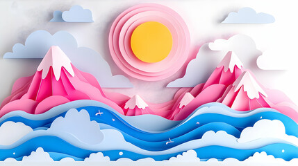 Colorful paper cut mountains, sun, and waves. Possible use for greeting cards, posters
