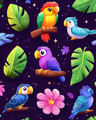Obraz premium Colorful parrot pattern on dark background with tropical leaves and flowers. Possible use wallpaper, fabric, or wrapping paper