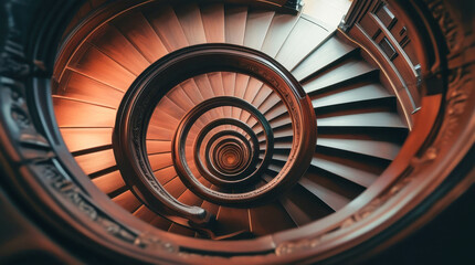 Fototapeta premium A spiral staircase made of dark wood creates an atmosphere of mystery and elegance. Soft light emphasizes the graceful curves and decorative details of the structure.