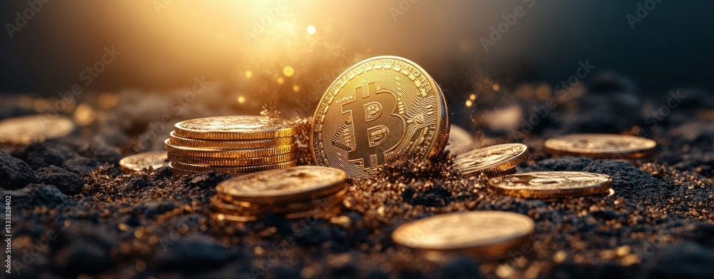 Poster Golden Bitcoin Coins on Dark Surface with Sparkles and Light Glow