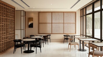 Modern cafe interior, minimalist design, natural light, peaceful atmosphere, relaxing space
